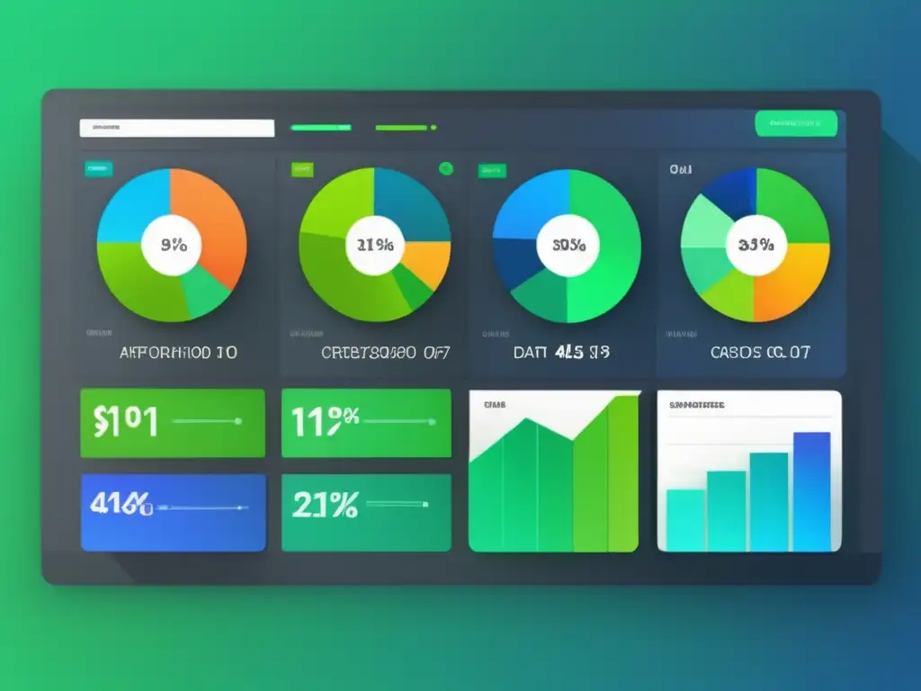 Dashboard digital moderno que muestra visualizaciones de datos como gráficos y barras, optimizando estrategias de marketing de afiliados