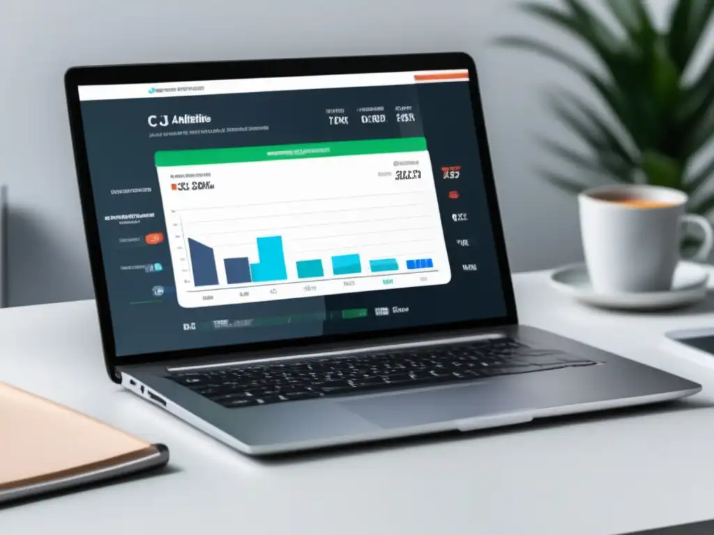 Laptop mostrando el dashboard del programa de afiliados CJ Affiliate con gráficas y estadísticas