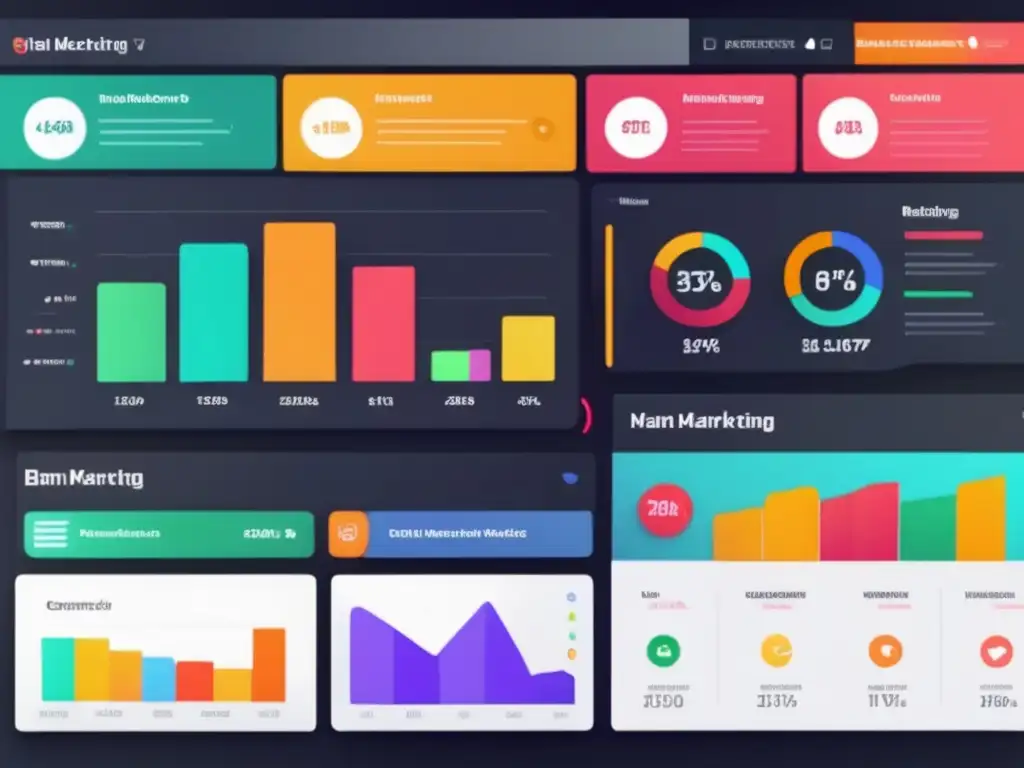 Tablero moderno y minimalista de marketing digital con gráficos coloridos que representan métricas clave, como tasas de conversión y ganancias
