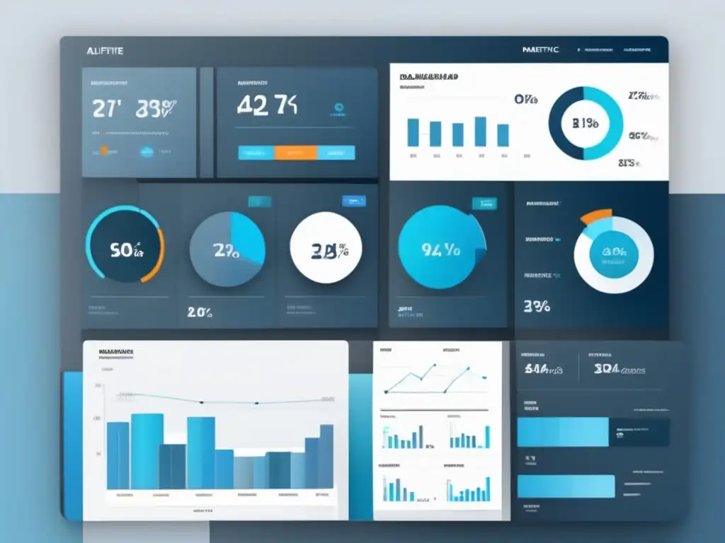 Dashboard de marketing de afiliados con gráficos y métricas, en tonos azules y grises