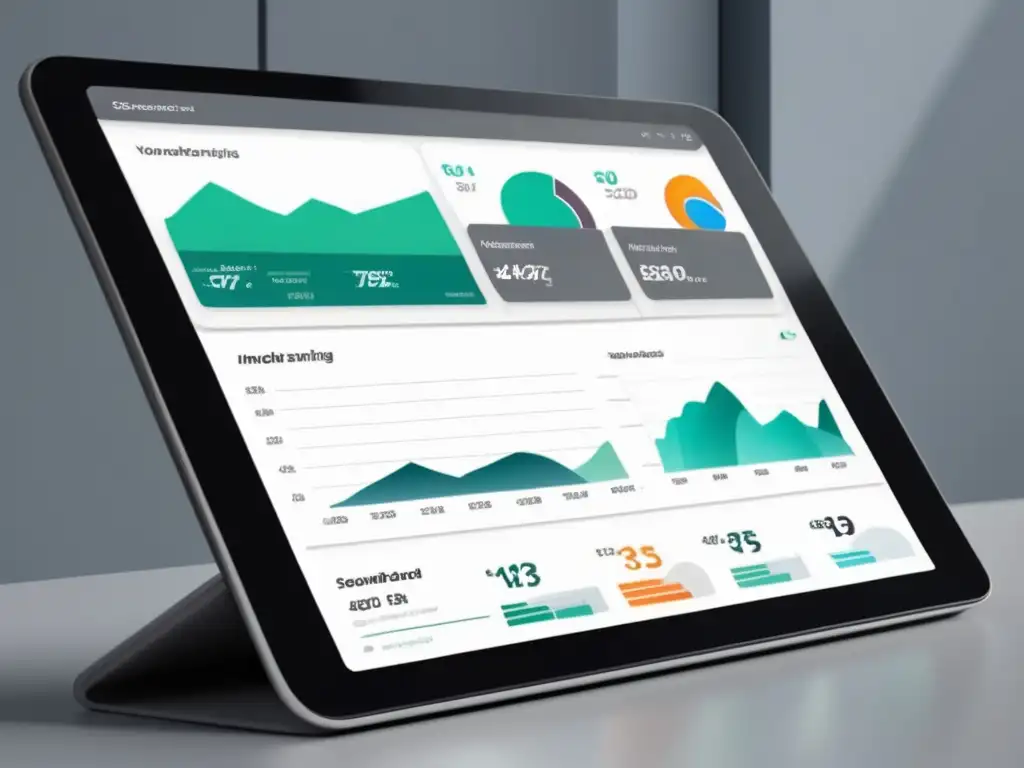 Dashboard SEO con gráficos y análisis de palabras clave en tablet moderno