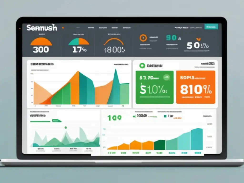 Beneficios programa afiliados SEMRush: Dashboard 8k ultradetallado con métricas, diseño minimalista y eficiente