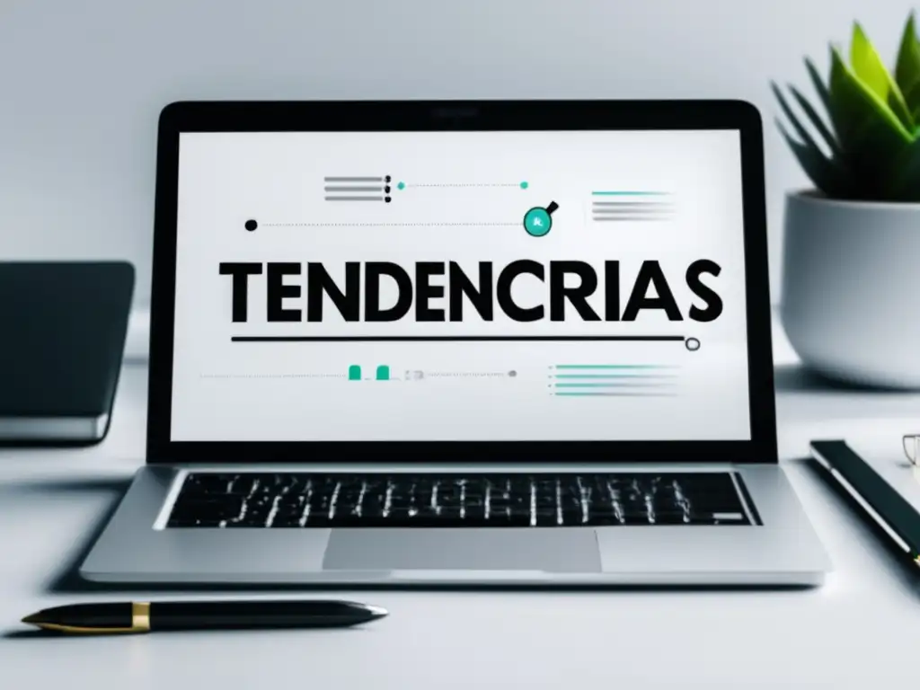 Escritorio blanco con laptop y gráfico de tendencias en el marketing de afiliados en pantalla