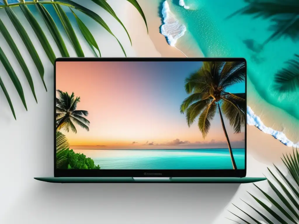 Laptop con imagen de paraíso tropical, perfecto para programas de afiliados de viajes