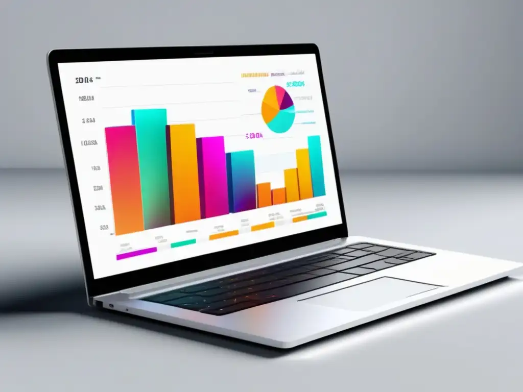 Laptop blanco con visualización de datos vibrante: estrategias de análisis avanzado para mejorar conversiones en marketing de afiliados