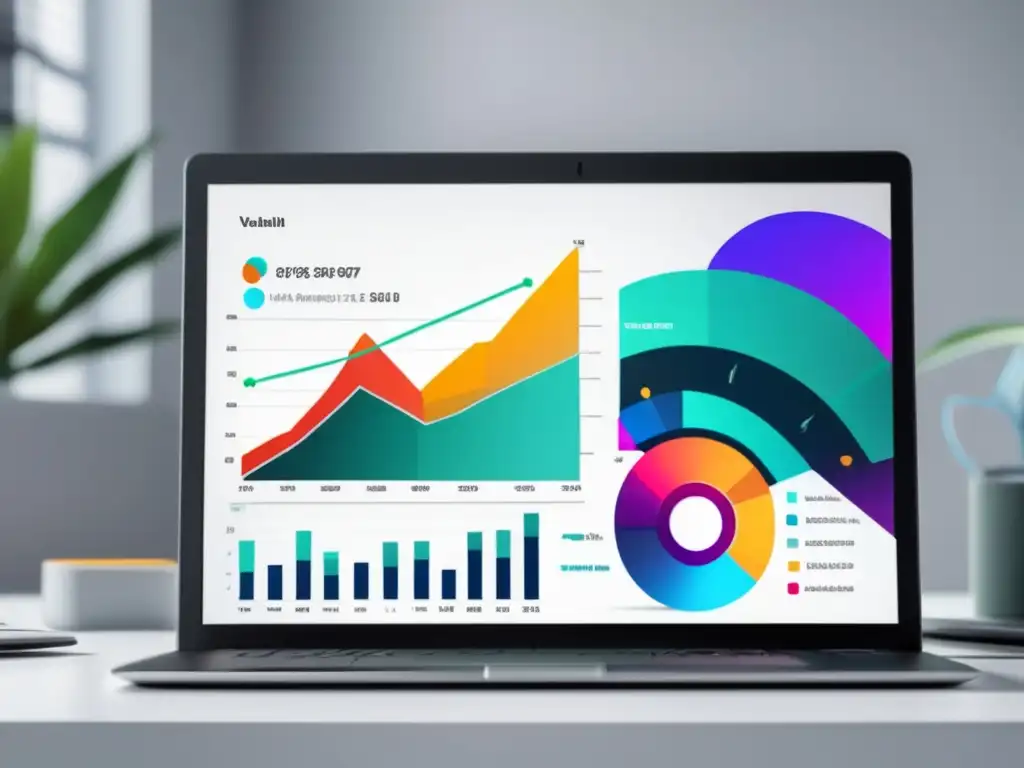 Herramientas de análisis de datos para el marketing de afiliados en laptop moderno con visualizaciones vibrantes