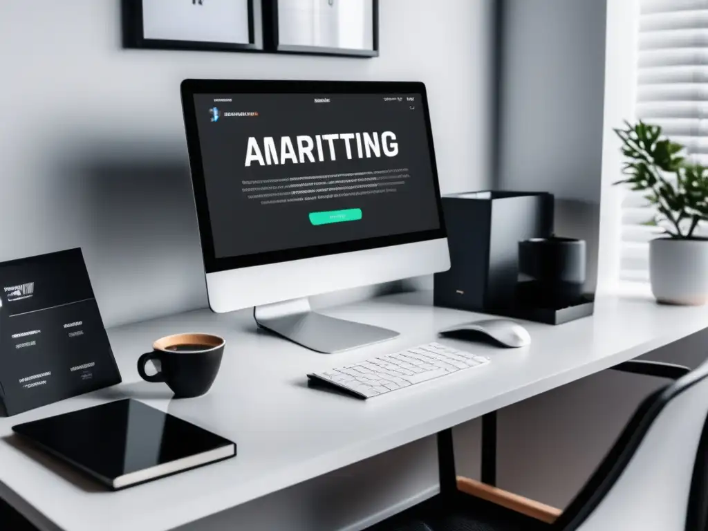 Espacio de trabajo minimalista con escritorio negro y monitor de alta resolución mostrando análisis y gráficos de marketing de afiliados