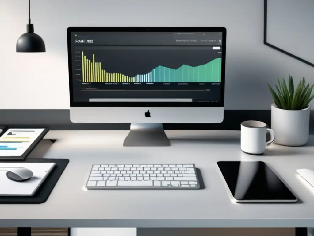 Mesa minimalista con laptop plateada, smartphone negro y vista de ciudad, estrategias de redes sociales en marketing de afiliados