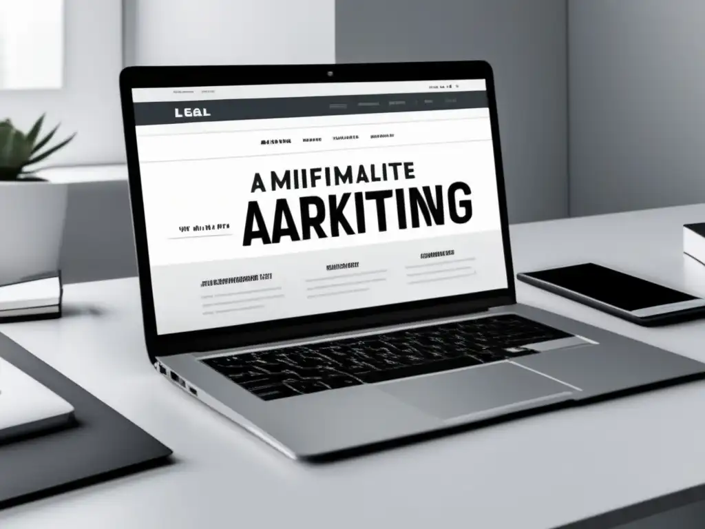 Espacio de trabajo minimalista con escritorio blanco, laptop negra y herramientas legales para marketing de afiliados