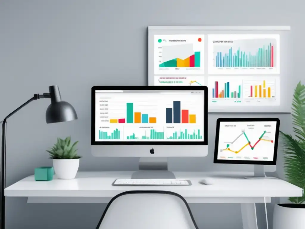 Espacio de trabajo minimalista con monitor y gráficos de análisis de datos para optimizar conversiones en marketing de afiliados