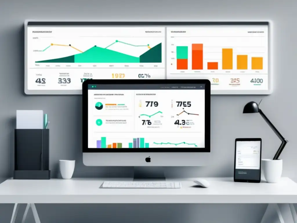 Espacio de trabajo minimalista con pantalla de análisis de campaña de marketing de afiliados rentable