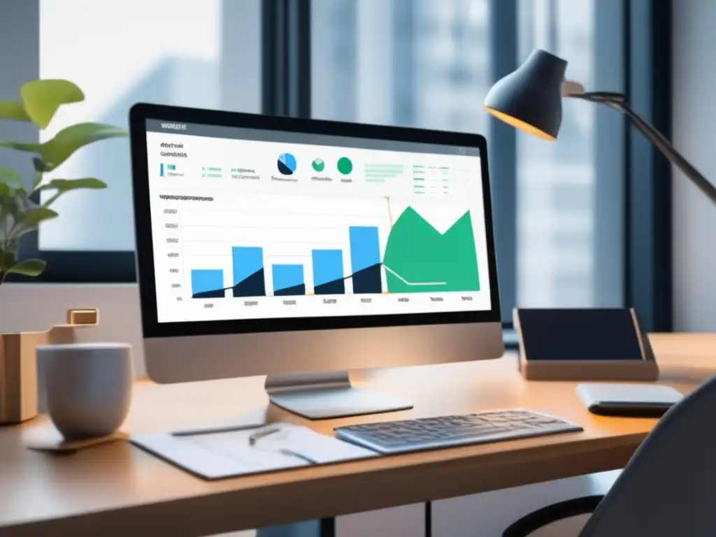 Espacio de trabajo limpio y moderno con herramientas esenciales y gráficos de datos para marketing de afiliados