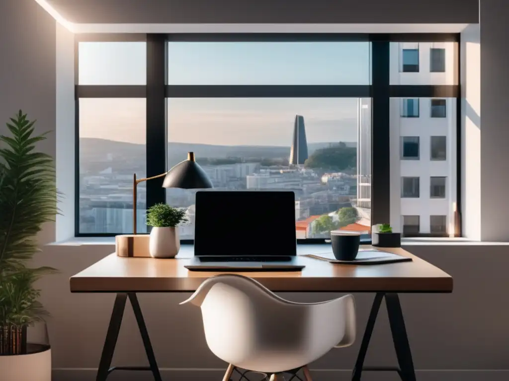 Espacio de trabajo minimalista con vista panorámica de ciudad y análisis de palabras clave para marketing de afiliados