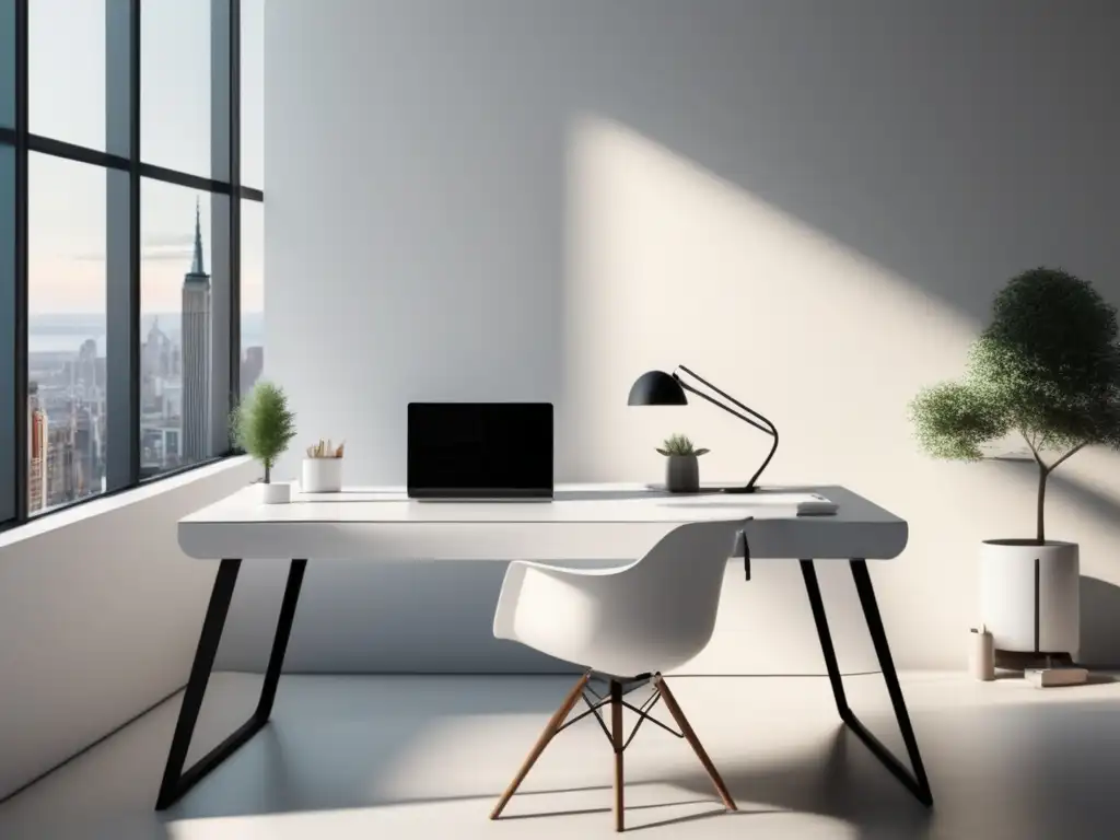 Espacio de trabajo moderno y minimalista con escritorio blanco, laptop, ratón inalámbrico, y vista de la ciudad