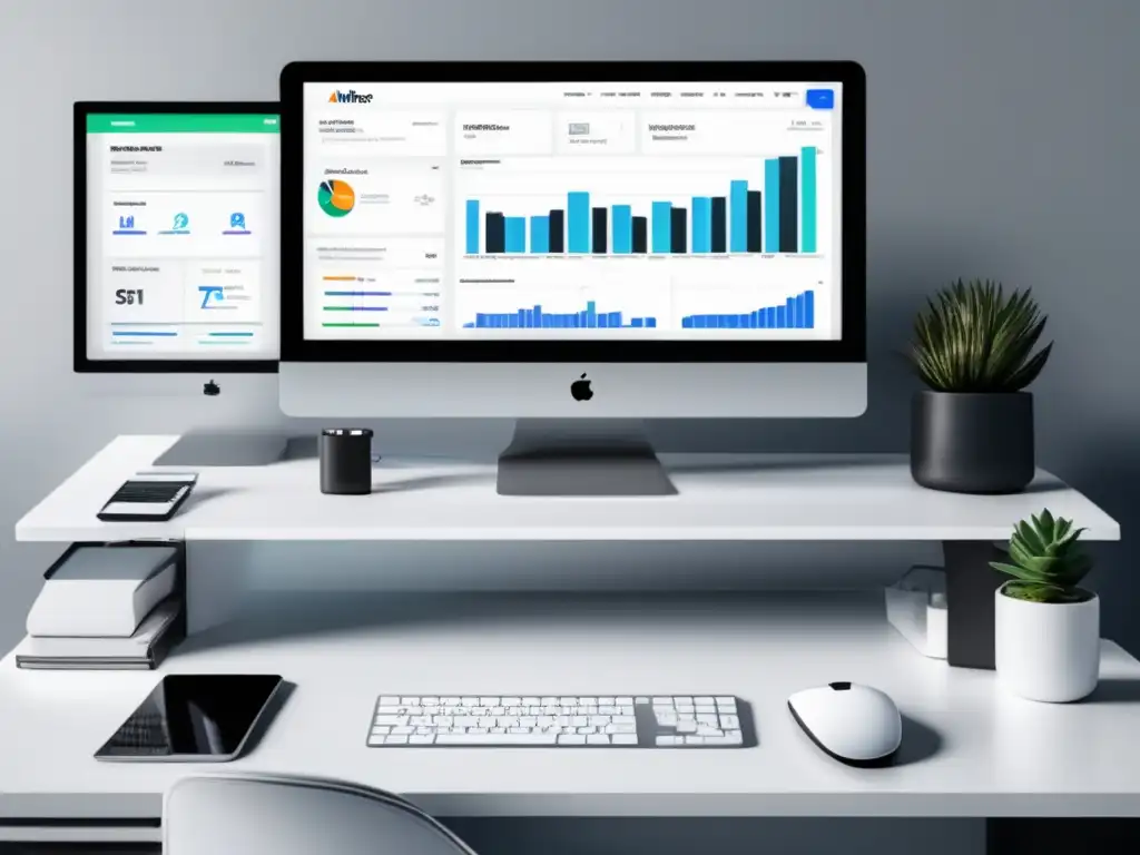 Escritorio minimalista con herramientas de SEO para marketing de afiliados