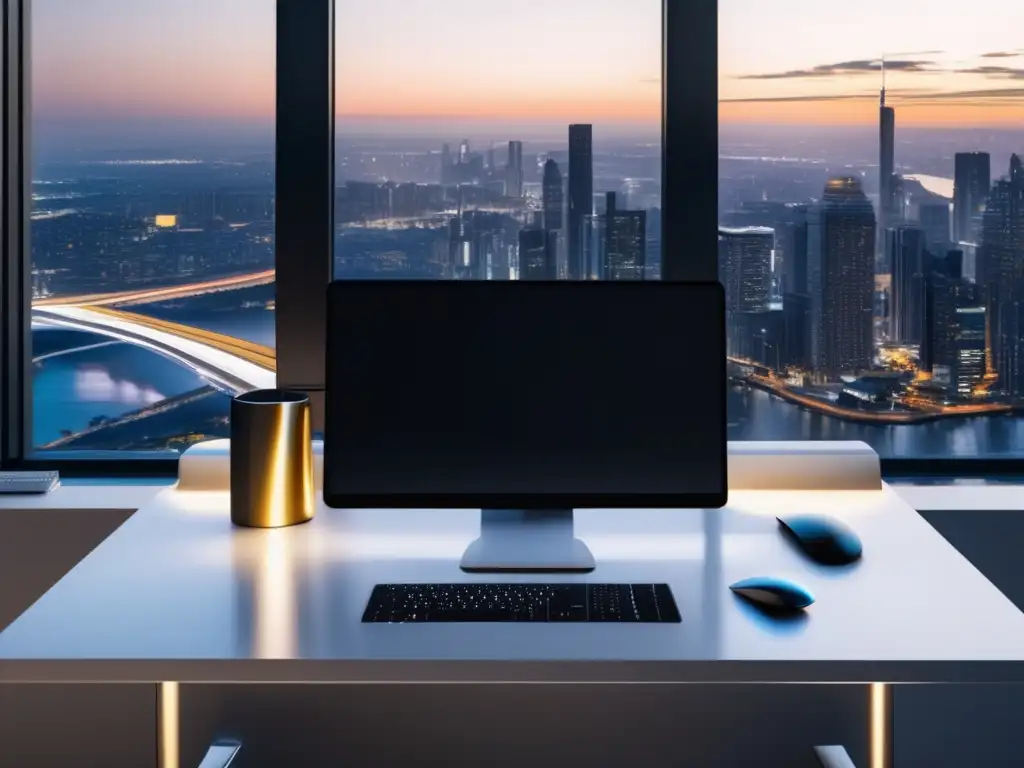 Workspace minimalista y moderno con vista a la ciudad al anochecer