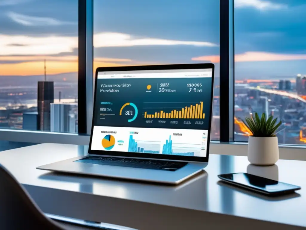 Espacio de trabajo minimalista con vista a la ciudad y herramientas de inteligencia artificial para el marketing de afiliados