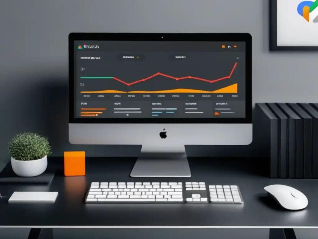 Espacio de trabajo minimalista con monitor de Google Analytics y estrategia efectiva de marketing de afiliados