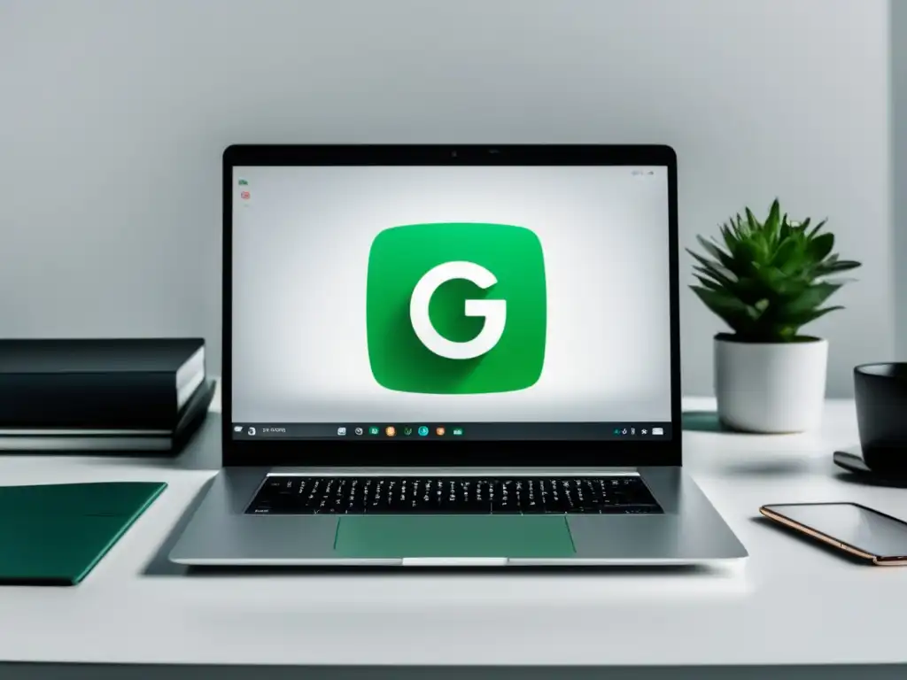 Espacio de trabajo moderno con laptop de alta gama y vista a la ciudad - Programa de afiliados de Grammarly