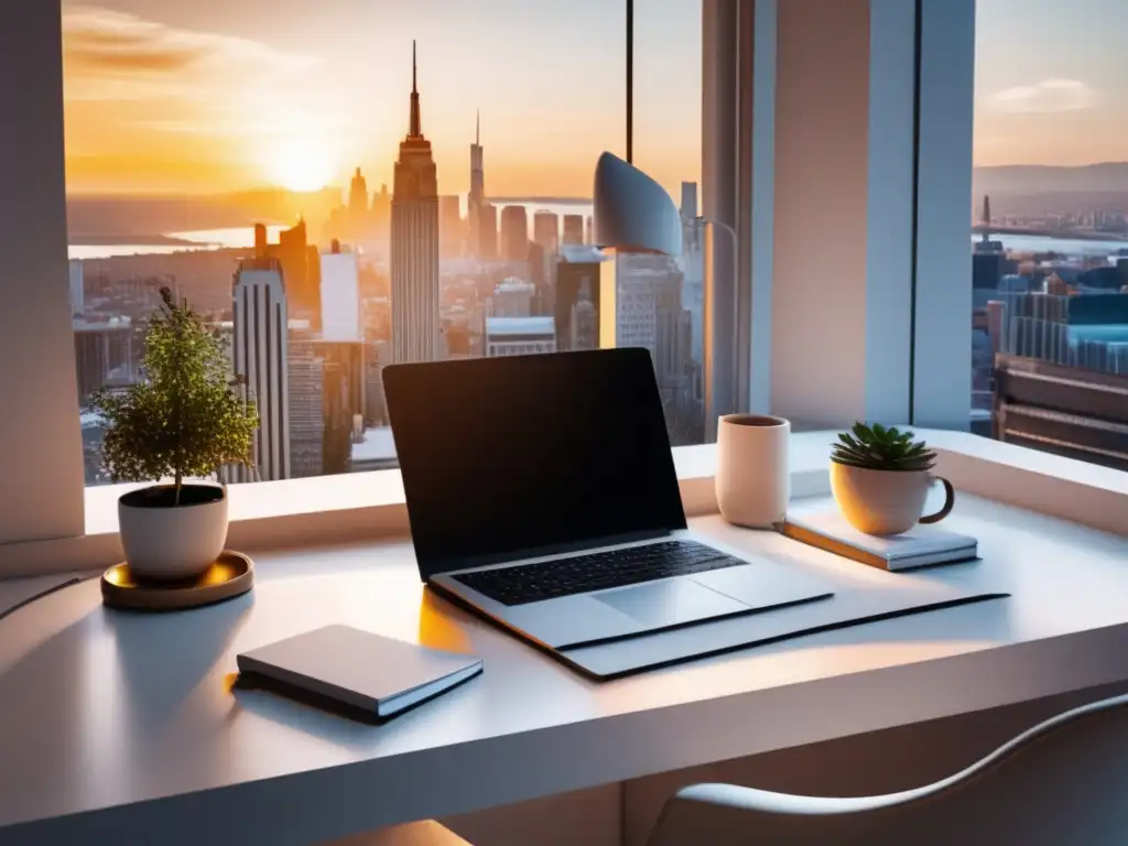 Escritorio minimalista con laptop, planta, cuaderno y vista de ciudad al atardecer: pasos clave para comenzar en el marketing de afiliados