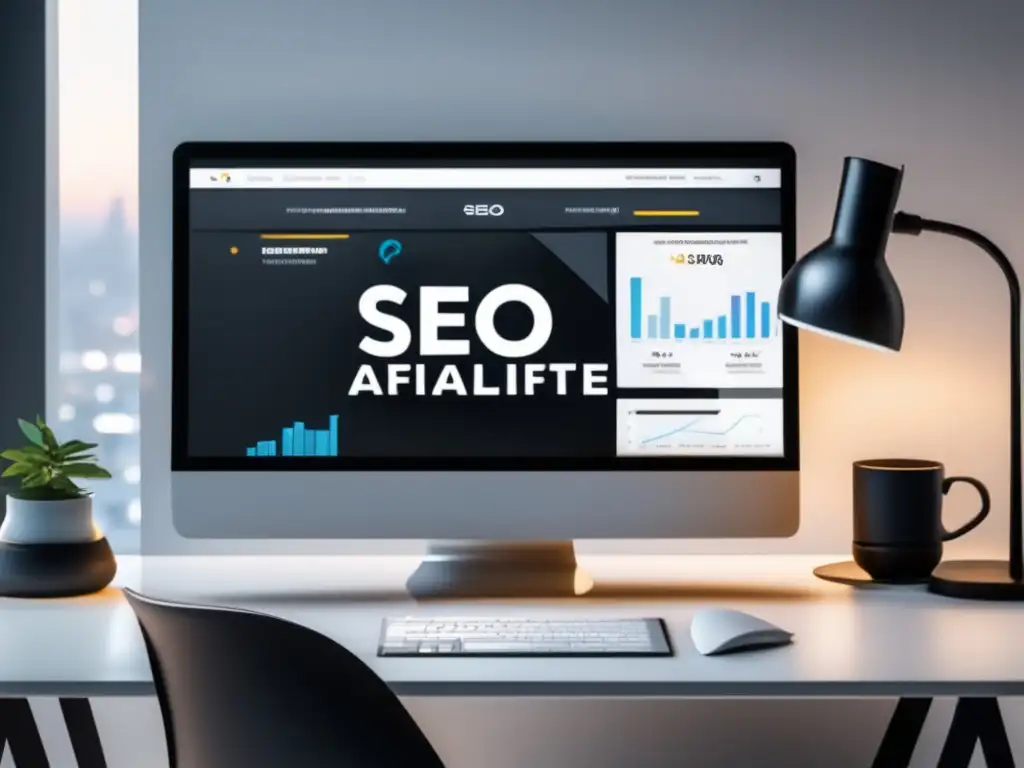 Espacio de trabajo minimalista con laptop y estrategias de SEO para aumentar ingresos en marketing de afiliados