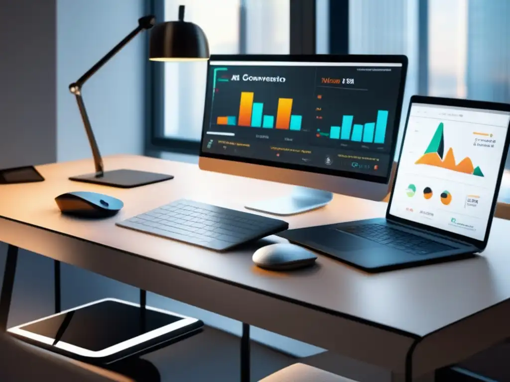 Espacio de trabajo minimalista con tecnologías para aumentar conversiones en marketing de afiliados
